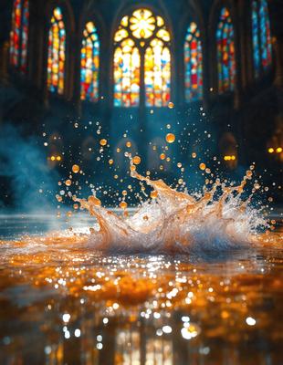 The primary subject of the image is a splash of water, which appears to be a digital art or illustration. The setting is a church with stained glass windows, creating a unique and artistic atmosphere. The visual style is a combination of digital art and photography, capturing the motion and details of the water splash. The colors and mood of the image are predominantly orange and yellow, giving it a warm and vibrant feel.
